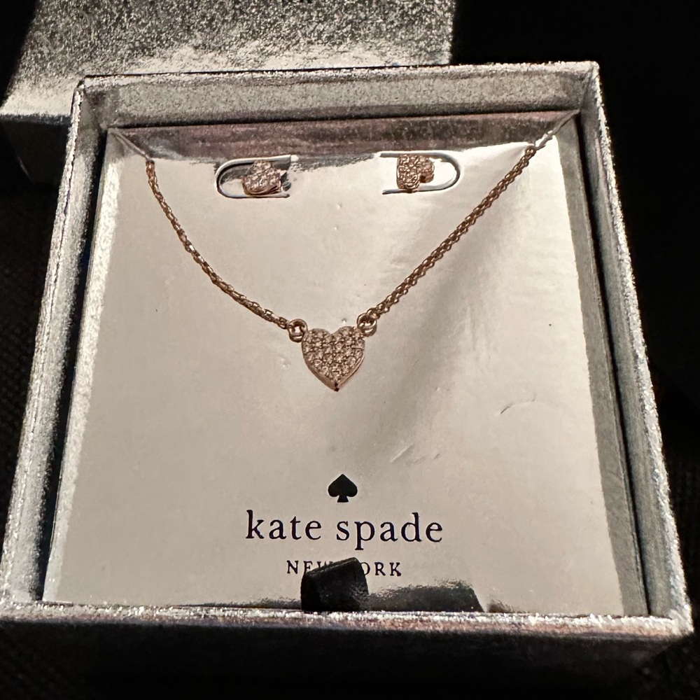NWT  Kate Spade Rose Gold Heart Pendant Necklace & Earring Set
